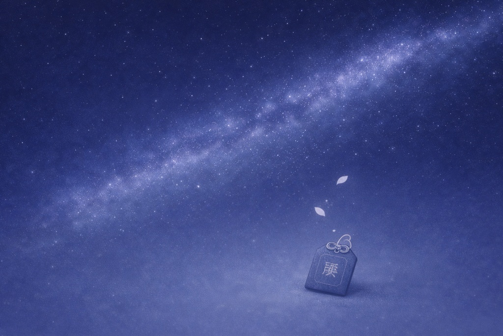 天へ届ける祈り ― 天の川と青いお守りの夜背景（16:9）