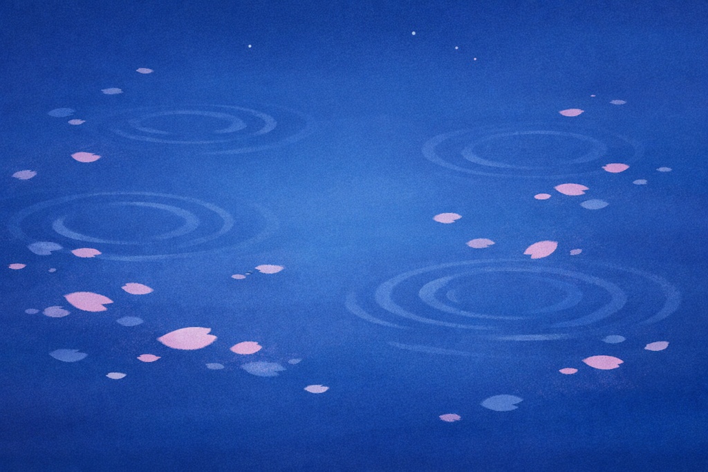 静かな夜の池 ― 抽象的な波紋と花びら