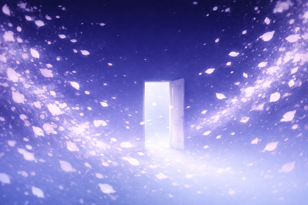 静寂の扉 ― 夜桜が舞う幻想的背景 ―
