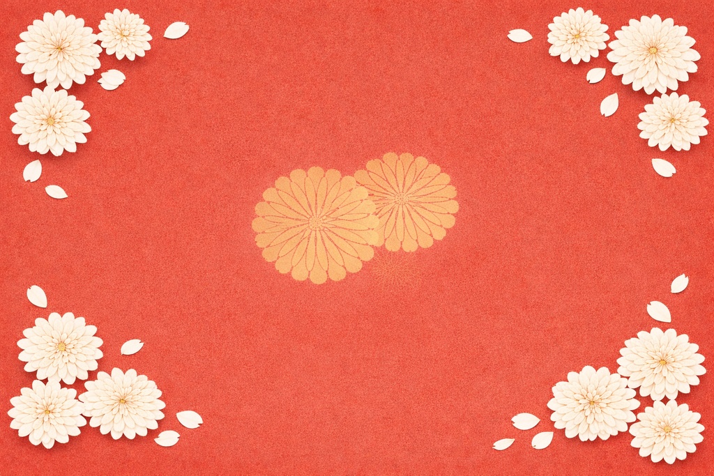 和風フラット背景素材セット【赤｜菊紋＋四方菊】16:9