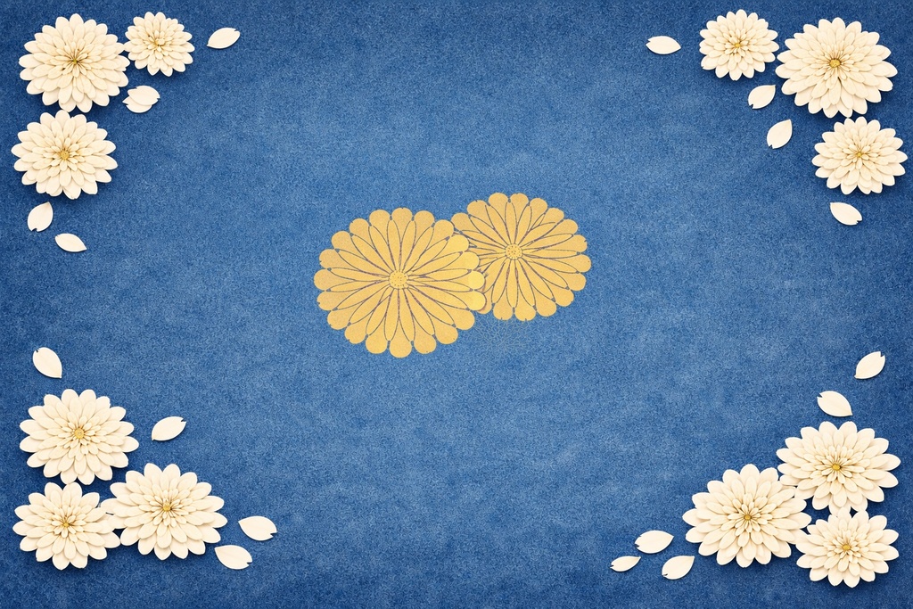 和紙風 菊文様背景素材セット（青／上品・線画・和風）