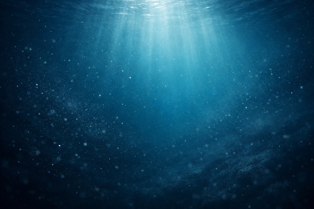 深海の静寂 ― マリンスノーが漂う抽象海中背景（16:9）