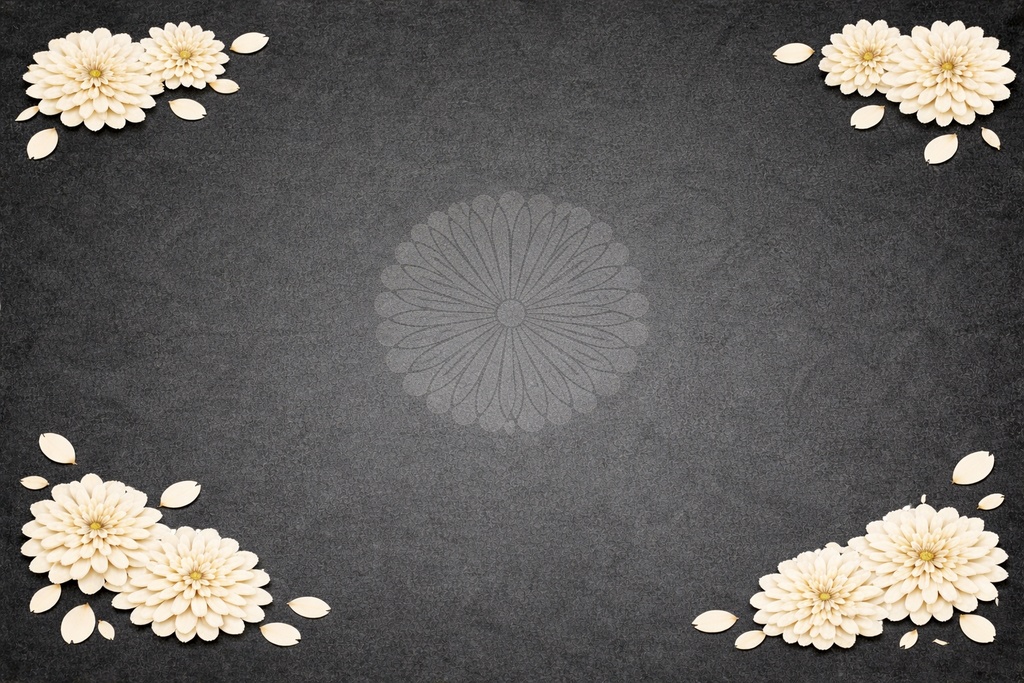 淡い墨色背景の白菊デザイン｜中央紋様＋四方の菊（和風ミニマリスト背景素材）
