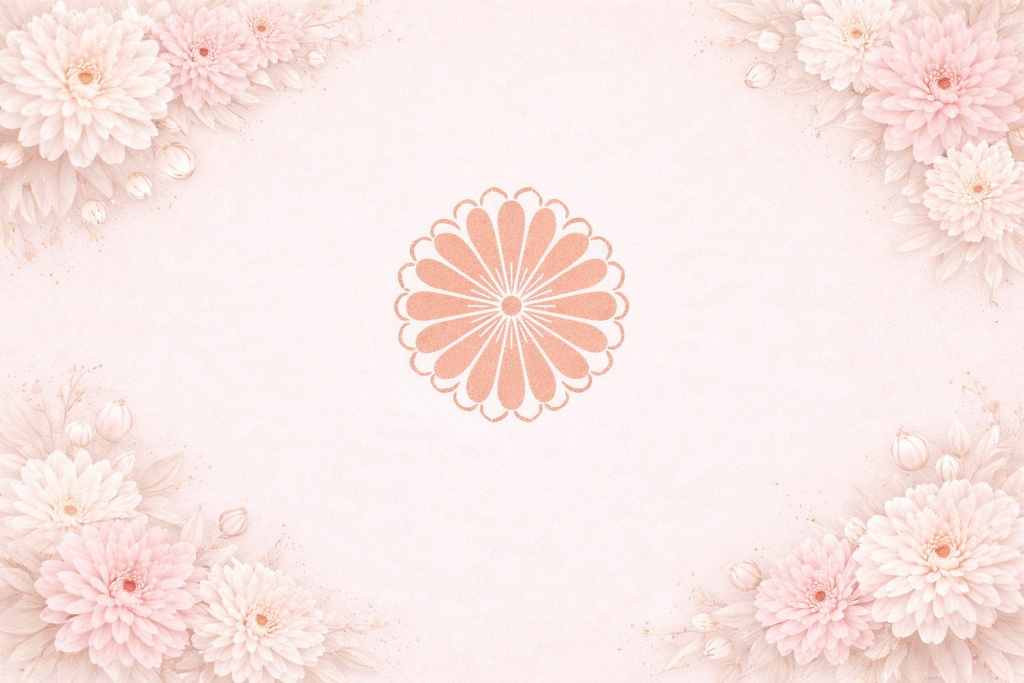 薄桜背景の白菊デザイン｜中央紋様＋四方の菊（和風ミニマリスト背景素材・春向け）
