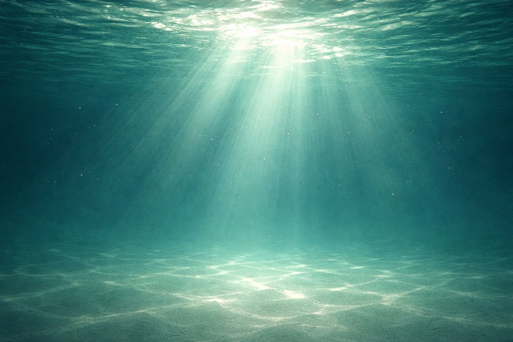 浅い海背景｜水面から差し込む光とグリーンブルーの静かな海（ミニマリスト背景素材・商用可）