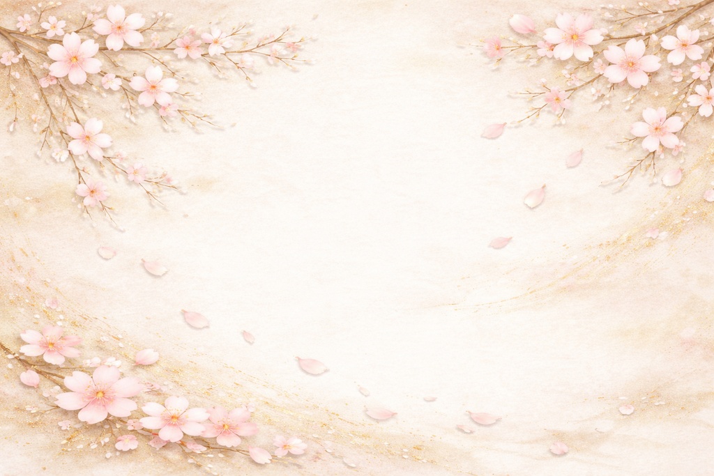 日本画風桜背景（上隅枝＋流れる花びら・柔らか和風）