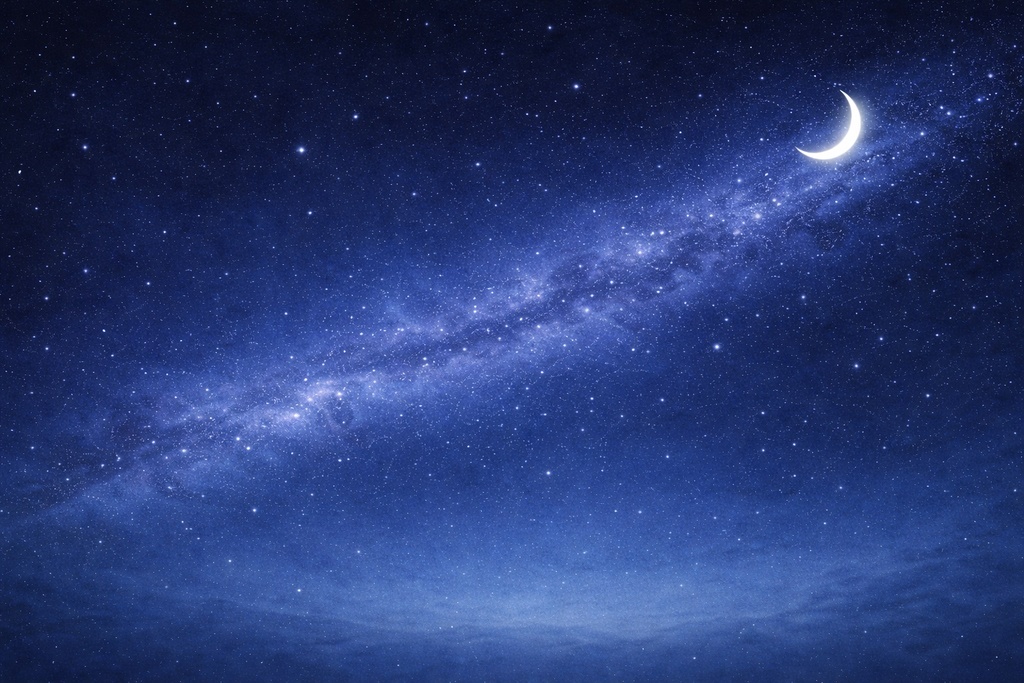 幻想的な夜空と三日月の背景素材 – Fantasy Night Sky Background with Crescent Moon（青強め）
