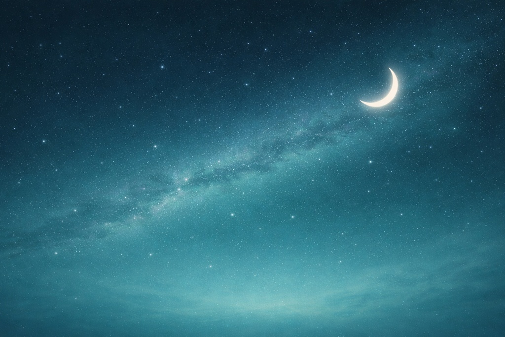 幻想的な夜空と三日月の背景素材 – Fantasy Night Sky Background with Crescent Moon（青緑）