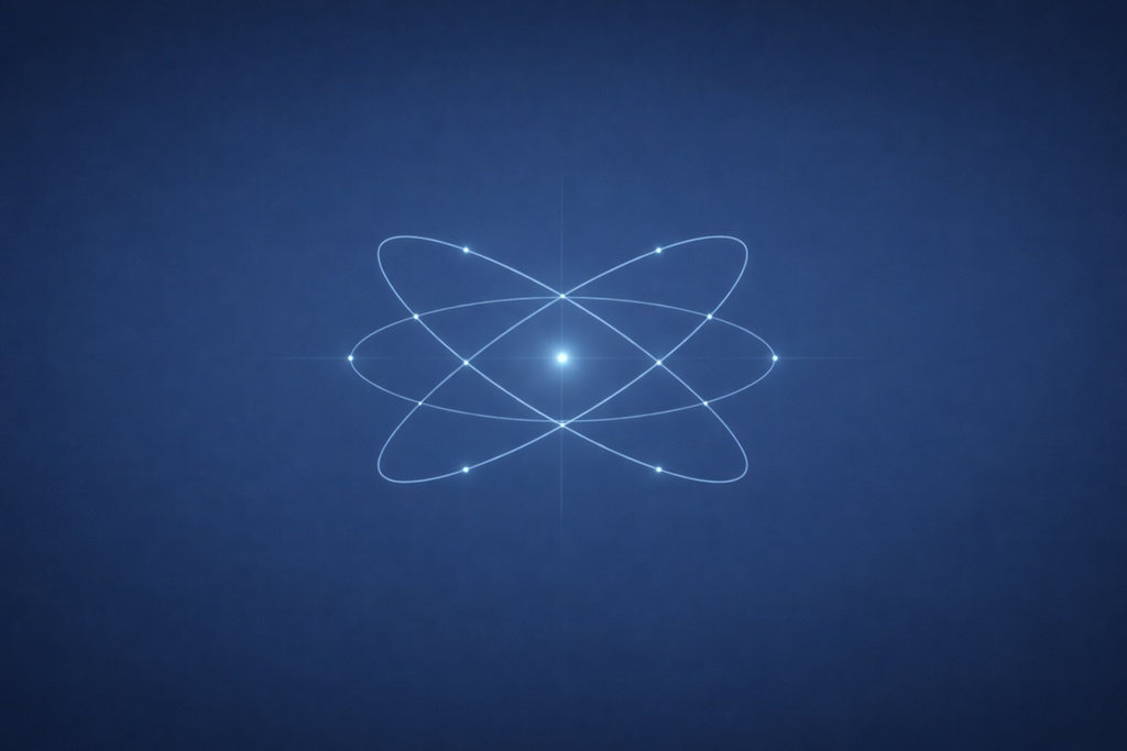 ミニマル原子シンボル背景｜ブルーグラデーション宇宙素材
