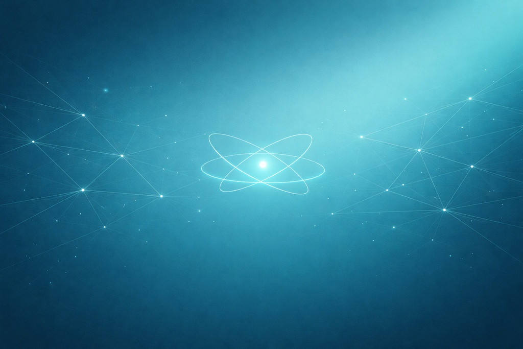 ターコイズ宇宙グラデーション背景｜原子シンボル抽象素材
