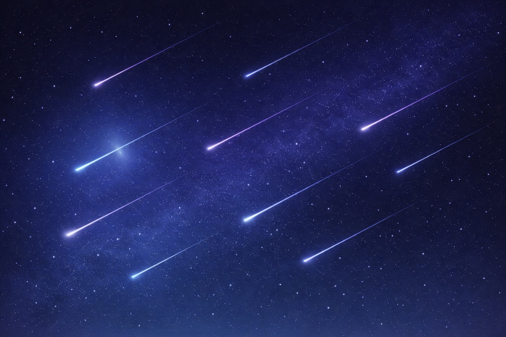 Meteor Shower Night Sky with Subtle Planet Glow – Space Blue 16:9 Background