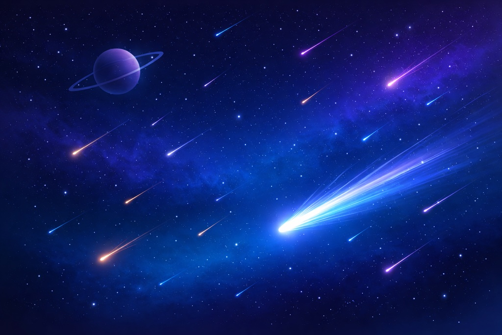 青夜の宇宙：彗星と流星群の抽象背景イラスト（16:9）
