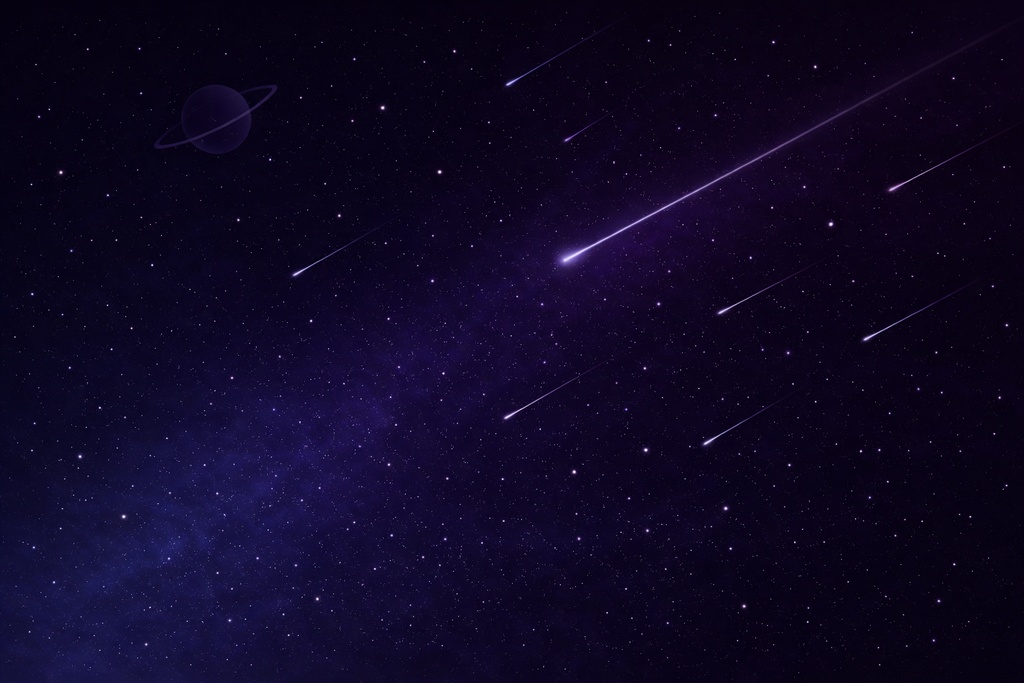 薄紫の宇宙：リング惑星と静かな流星群（16:9）