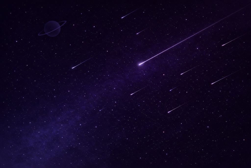 夜空の微光：リング惑星と自然な流星群（16:9）
