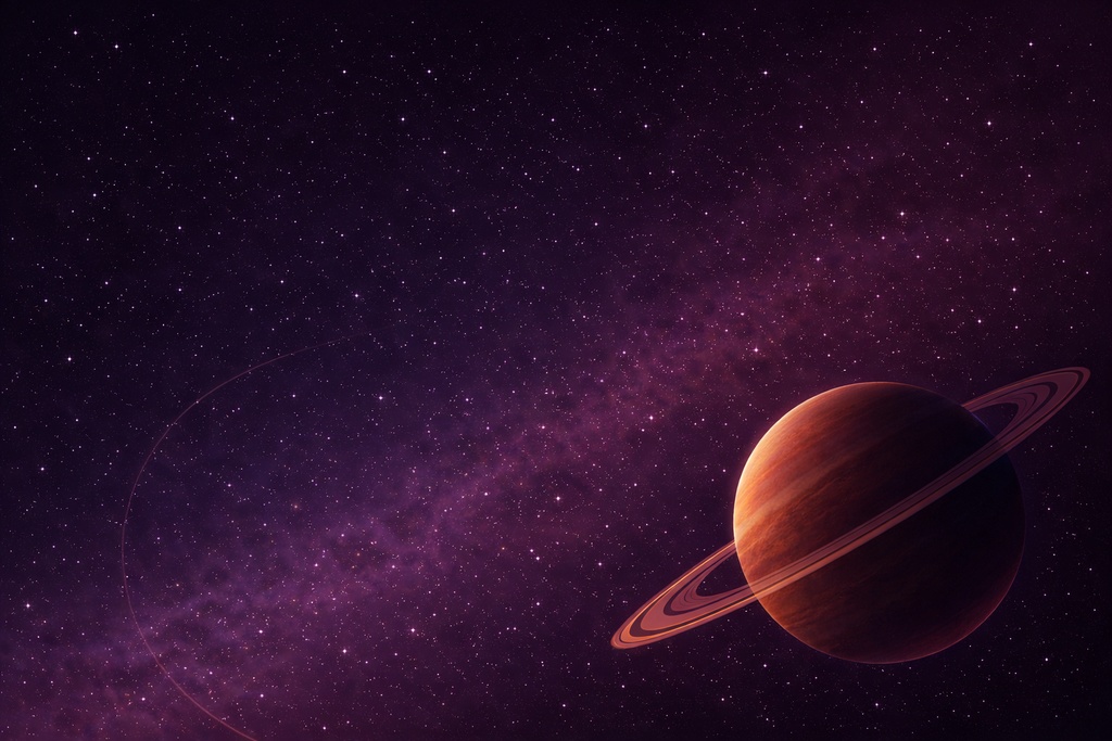 抽象宇宙背景 16:9 | 赤みのあるリング惑星と重力歪み