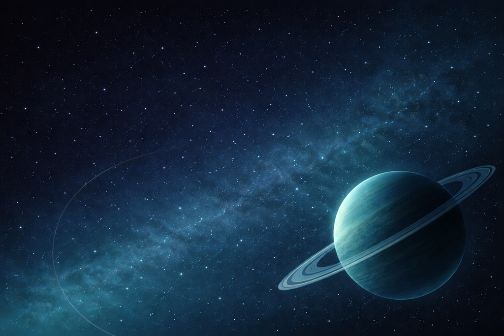 抽象宇宙背景 16:9 | シアン系リング惑星と静かな宇宙