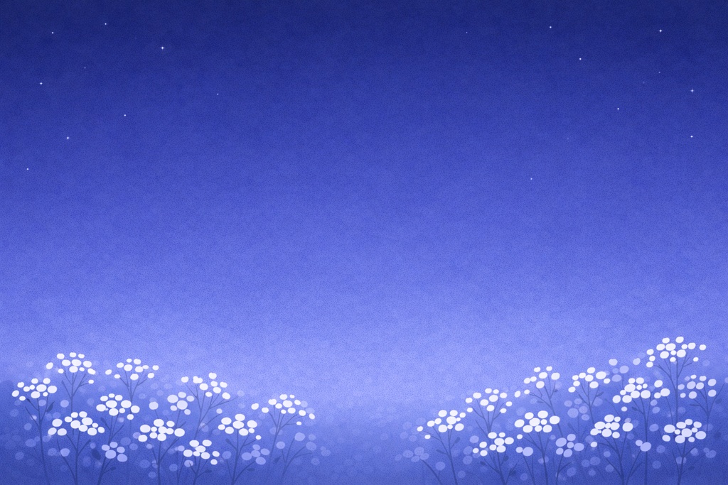 かすみ草の夜の花畑 背景素材（16:9）｜ミニマル白花背景