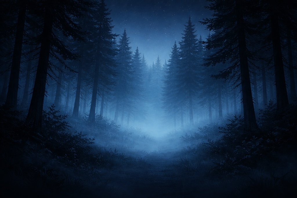 幻想の霧の森背景（夜）｜ダークファンタジー霧の森｜16:9 背景素材【商用利用OK】