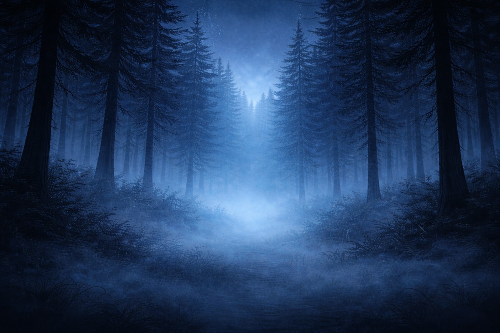 深い青霧の幻想の森背景｜Mystical Blue Fog Forest｜16:9 背景素材【商用利用OK】