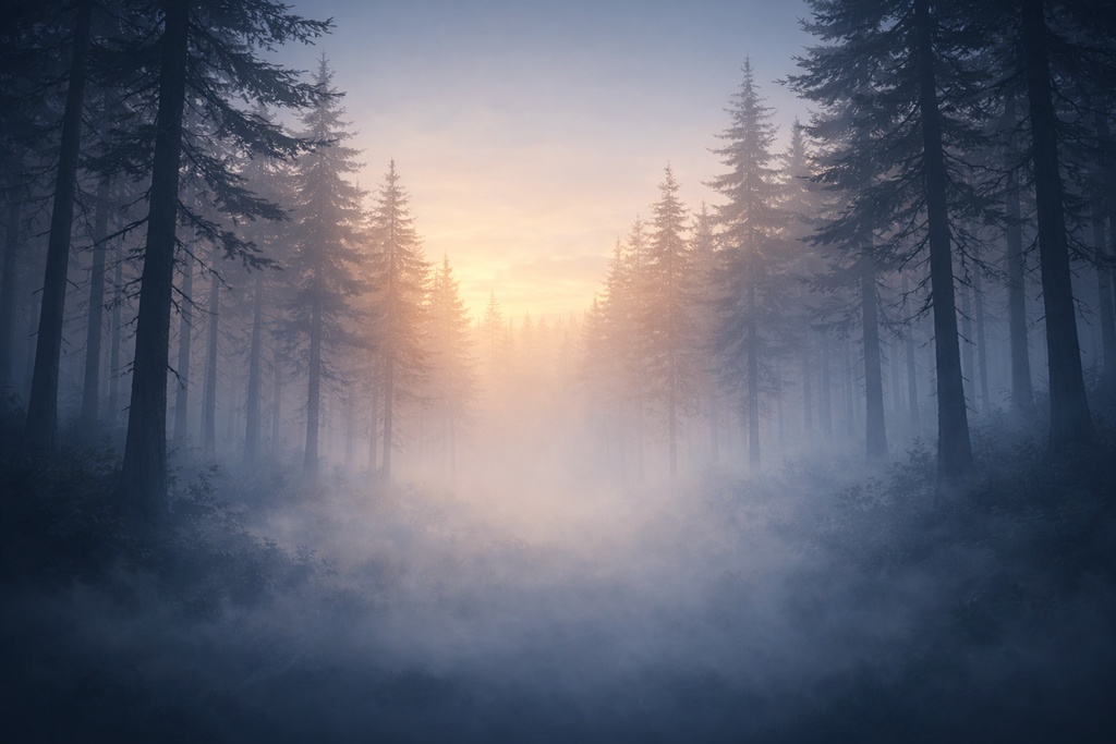 幻想の霧に包まれた静かな森 背景素材（16:9 / ファンタジー）