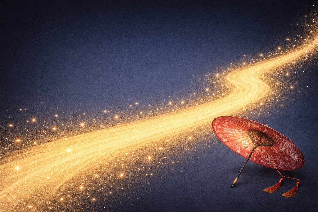 幻想的砂金の川背景（傘付き）｜16:9 高解像度