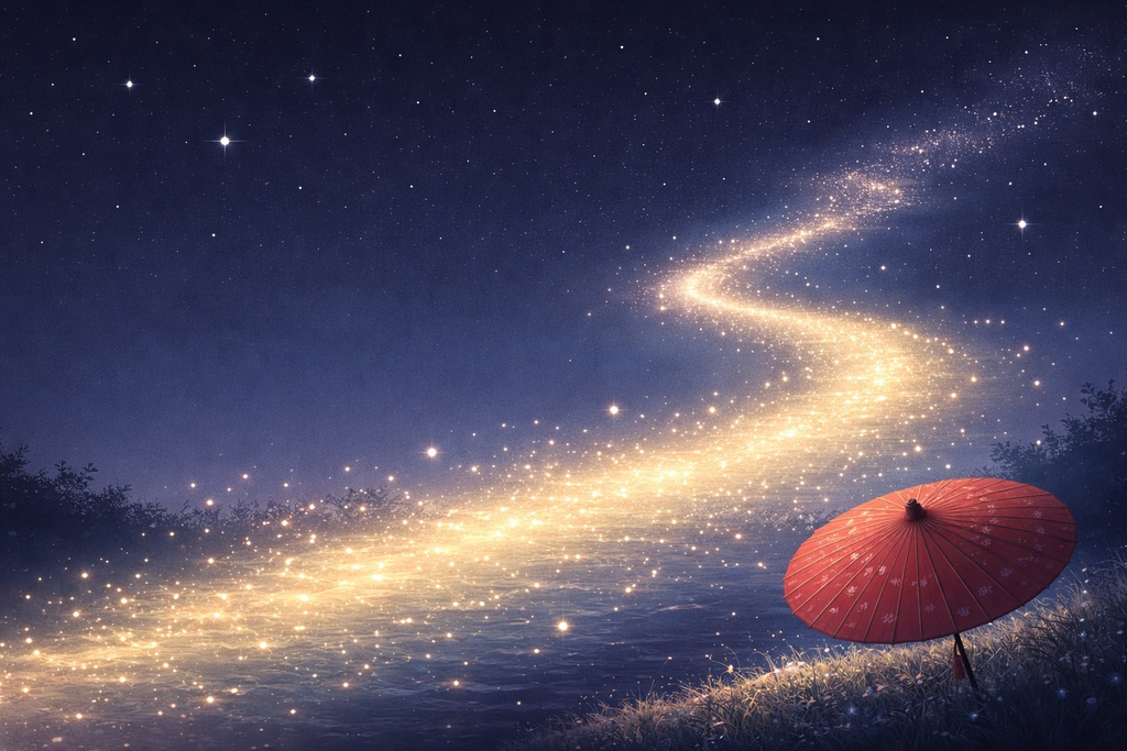 砂金の川と紅い傘の幻想夜景｜高解像度16:9背景イラスト