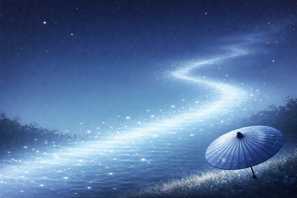 氷のような砂金の川と涼しげな夜空｜高解像度16:9背景イラスト