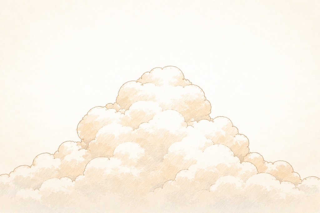 手描き風積乱雲背景｜16:9｜柔らかいクラウドイラスト｜温かみのある手描き感