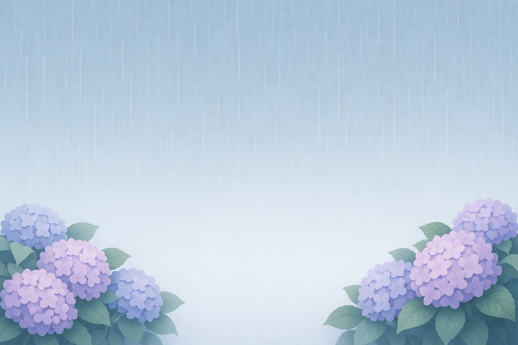 雨の紫陽花背景 梅雨イメージ 16:9 花フレーム 余白あり
