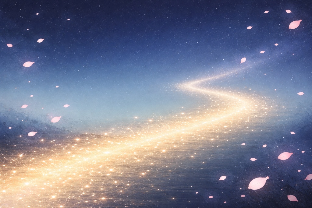 幻想的な夜の川と桜の光 16:9 / 日本風ファンタジー背景