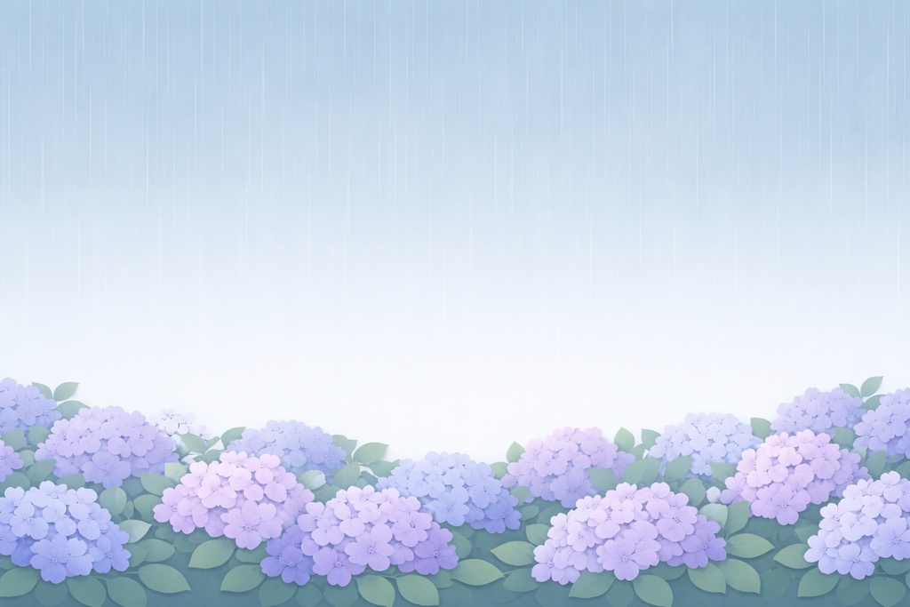 紫陽花と雨のミニマル背景 16:9 / 優しい雨と花の風景