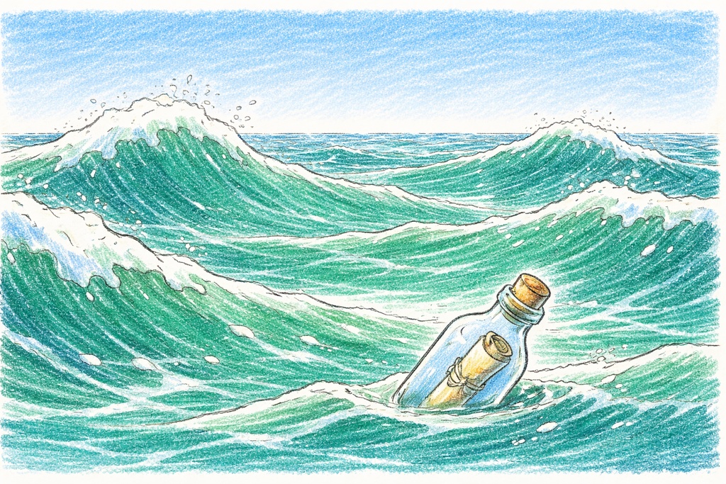 嵐の海と手紙入り小瓶 イラスト背景（16:9 / 高解像度）