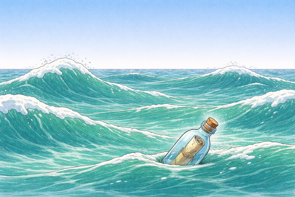 嵐の海と手紙入り小瓶 背景イラスト（16:9 / エメラルドグリーン / 高解像度）