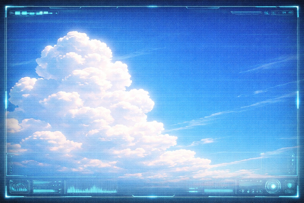 近未来モニター越しの夏空と入道雲 ノイズ入りバーチャル表示背景 16:9