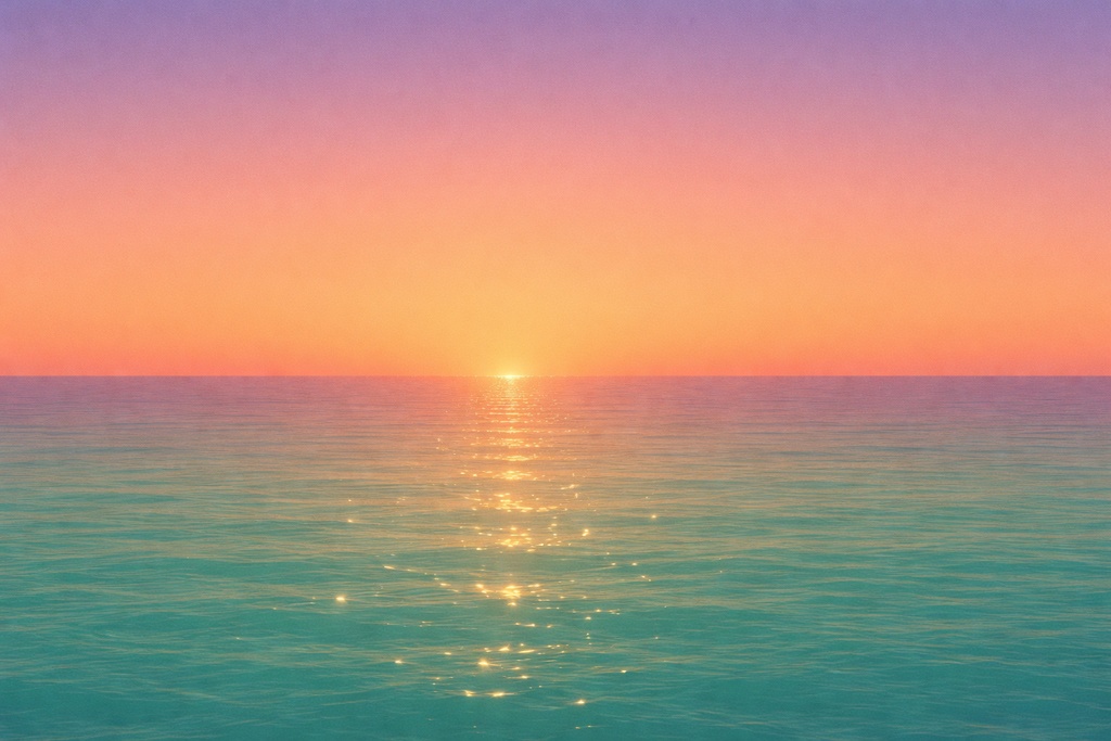 夏の夕焼け海背景素材｜エメラルドグリーンの夕暮れ海｜16:9イラスト背景