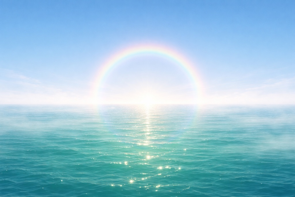 ブロッケン現象の海背景｜虹の光輪ファンタジー海｜幻想的海素材16:9