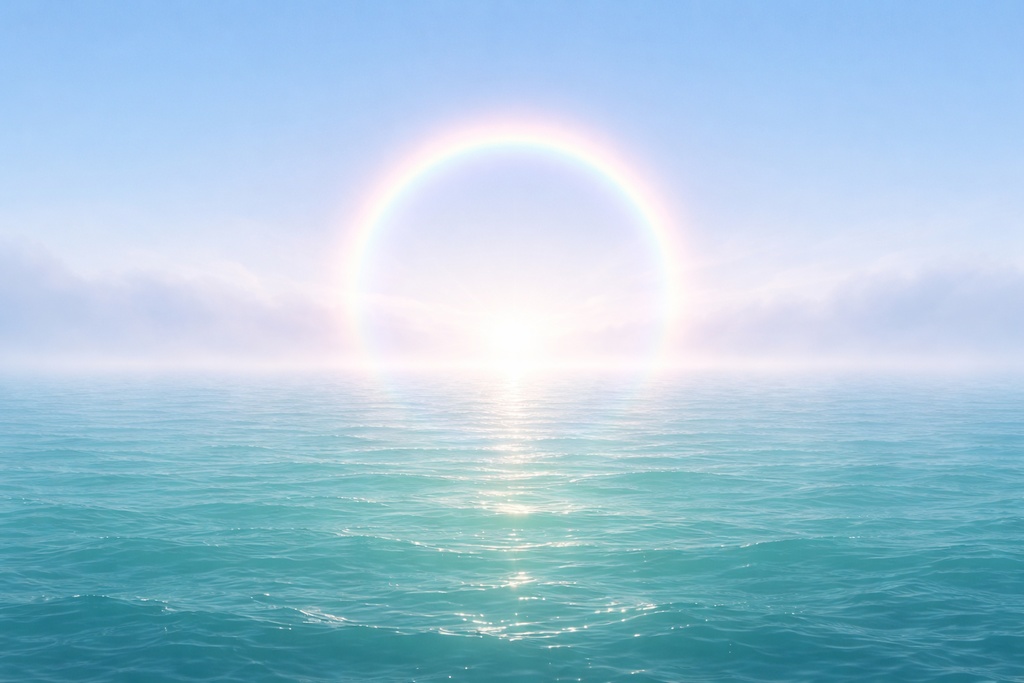 霧の光輪海背景｜幻想的リングライトの海｜ミスティック海素材16:9