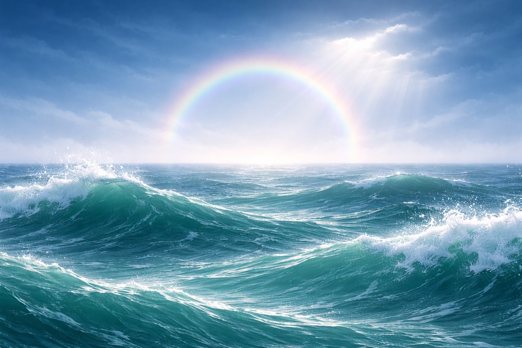 嵐の海と虹光輪背景｜ブロッケン現象ストーム海｜幻想ストーム素材16:9