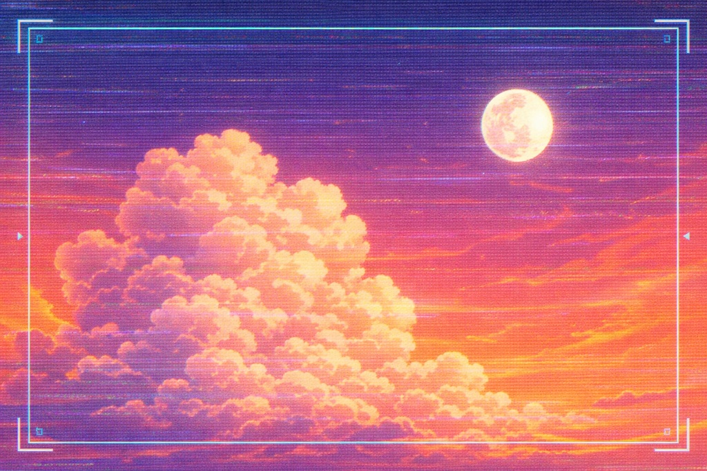 夕焼け空モニター背景｜満月と入道雲・ウィンドウ表示風ノイズ空【16:9】