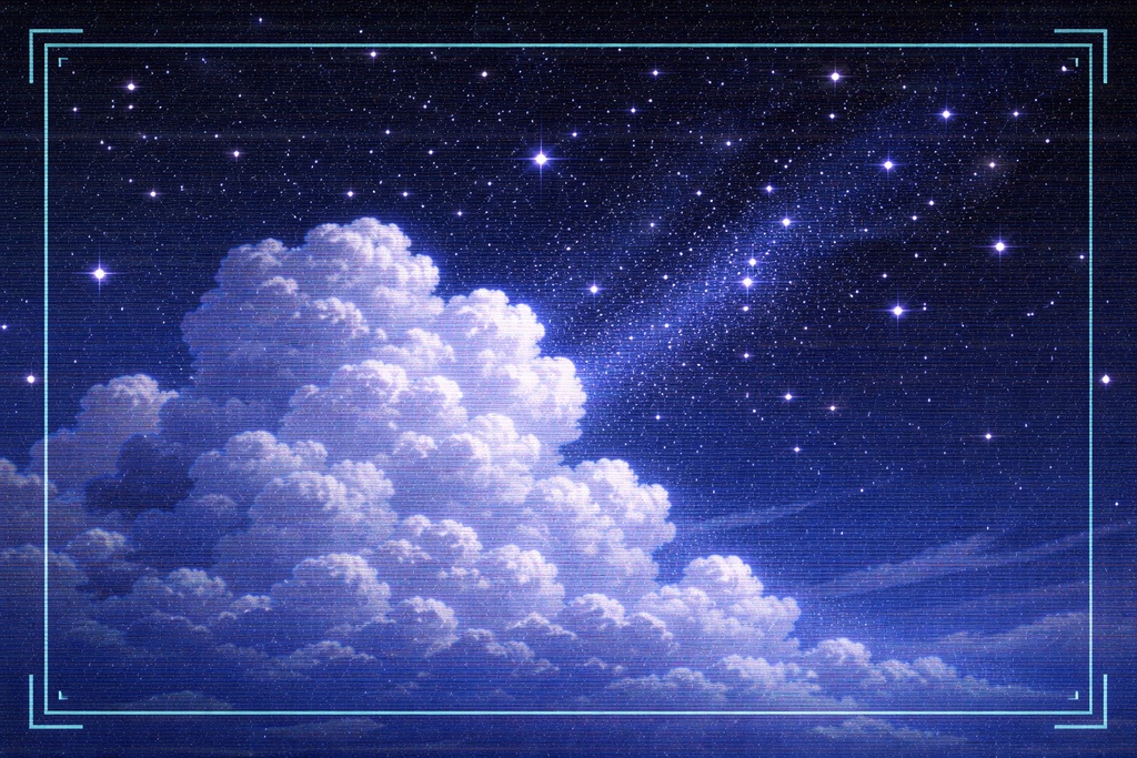 夜空モニター背景｜星空と入道雲・ウィンドウ表示風ノイズ空【16:9】