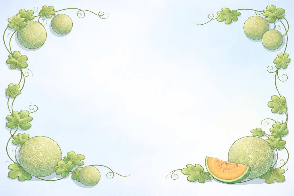 メロンのツタフレーム背景 夏の果物フレーム 青空グラデーション 16:9 背景素材