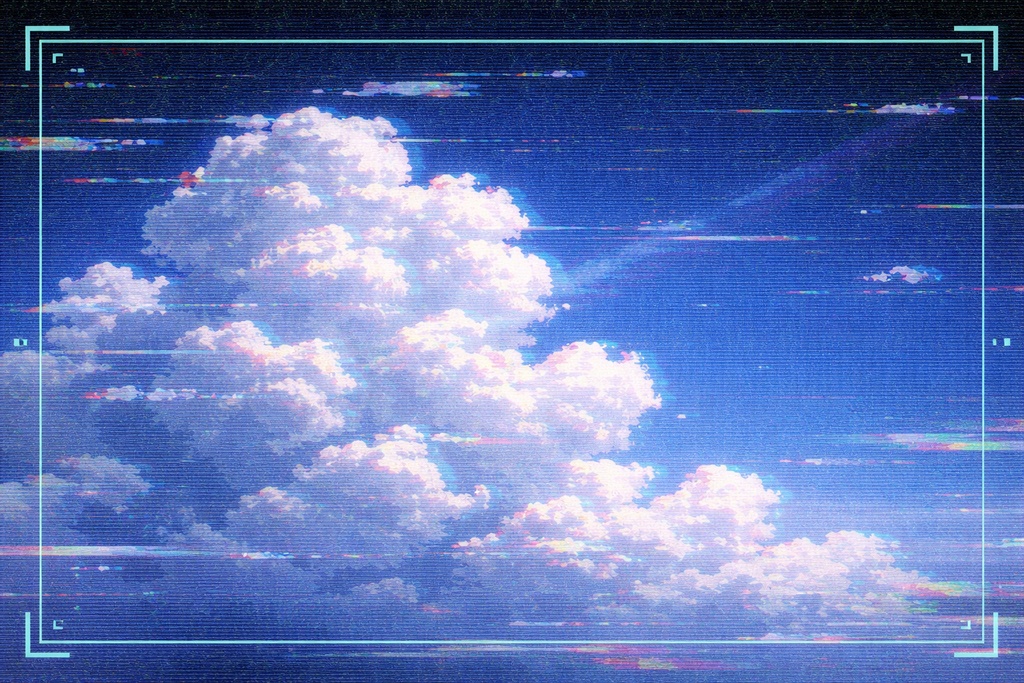 グリッチ夏空背景 信号エラー 積乱雲 ノイズ画面 青空 16:9 ホラー風 背景素材