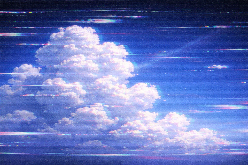 グリッチ空背景 信号エラー 青空 ノイズ 映像崩れ 16:9 モニター風 背景素材