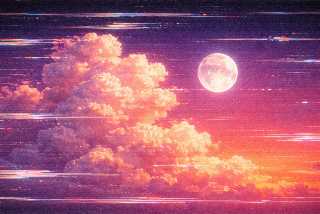 グリッチ夕焼け空 満月 積乱雲 ノイズ背景 映像崩れ 16:9 ホラー風 背景素材