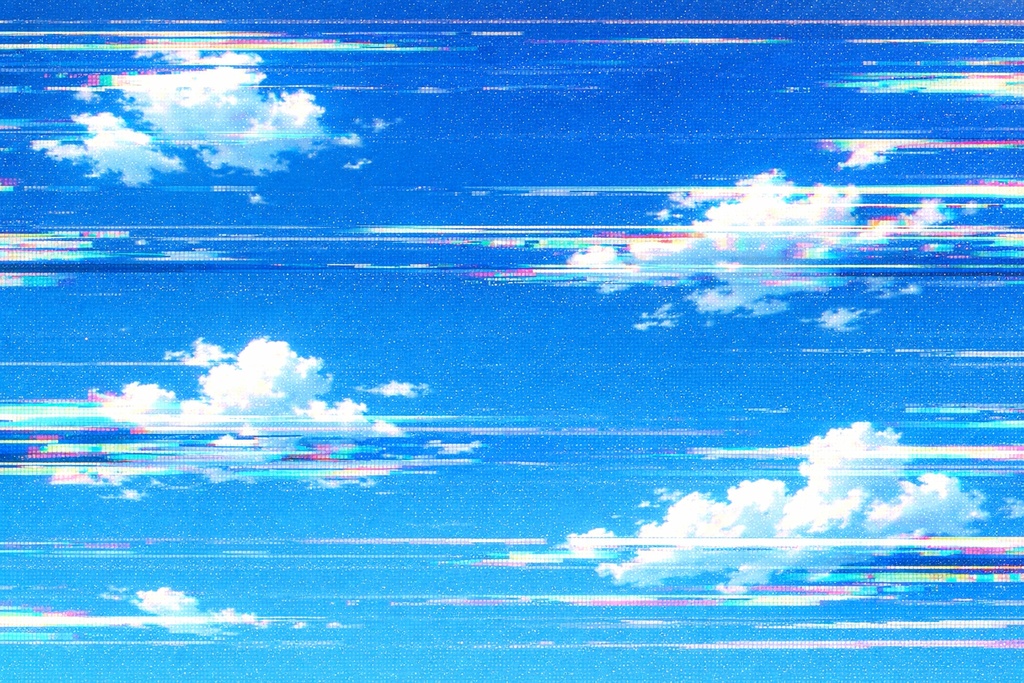 グリッチ青空背景 / RGBノイズ雲 / 破損映像風ブルースカイ / デジタルノイズ空 / 16:9 背景素材
