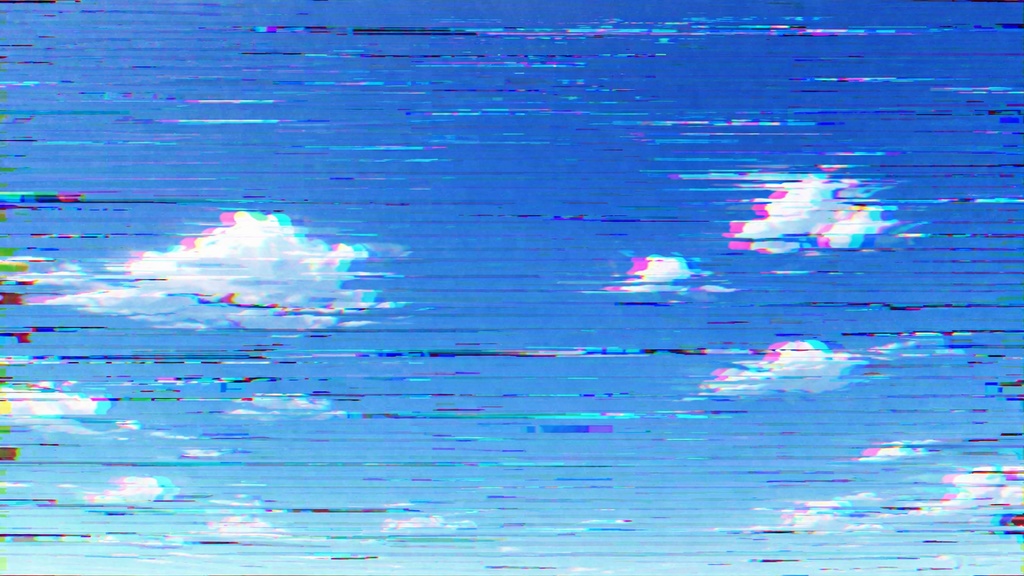 VHSノイズ青空背景 / スキャンライン雲 / アナログ信号風空 / 破損映像風ブルースカイ / 16:9背景