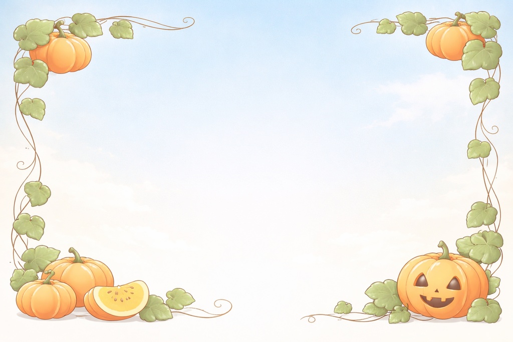 かぼちゃフレーム背景 / ハロウィンパンプキン装飾枠 / 16:9 横長背景素材