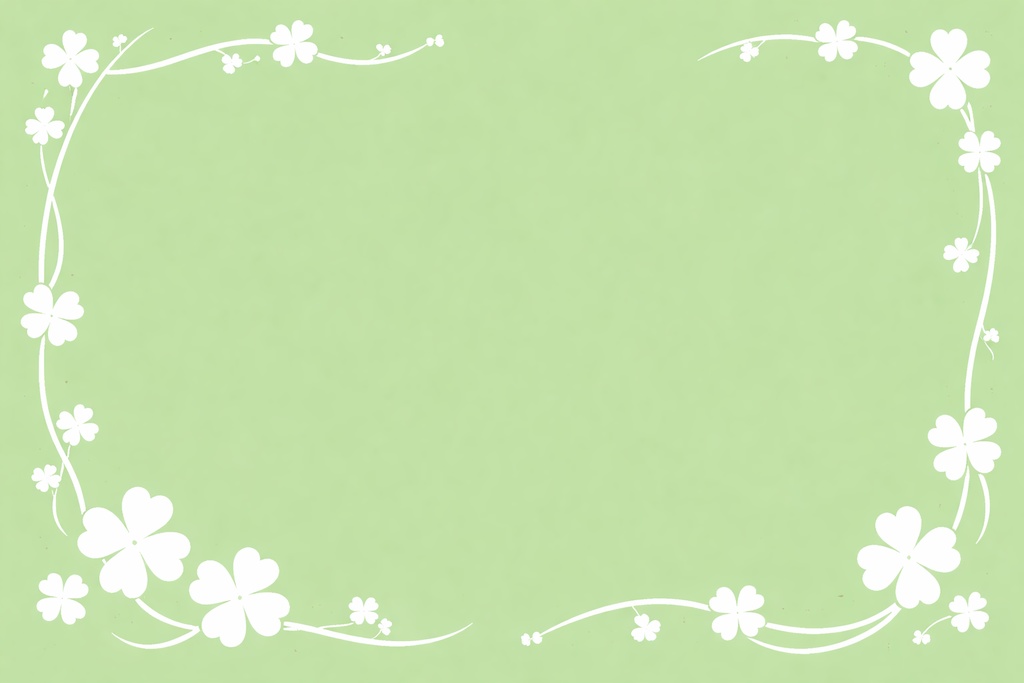 白いクローバーフレーム背景 / 緑背景ミニマル装飾枠 / 16:9 横長背景素材