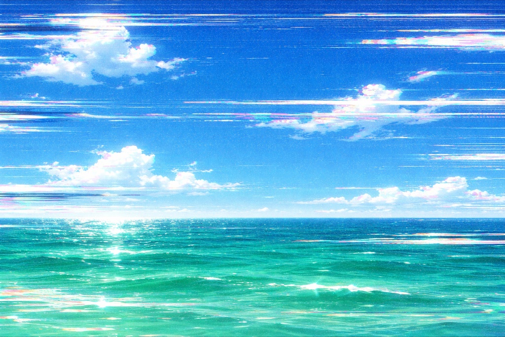 エメラルド海ノイズ背景 / 破損映像風サマーオーシャン / グリッチ海空 / 16:9 横長背景素材