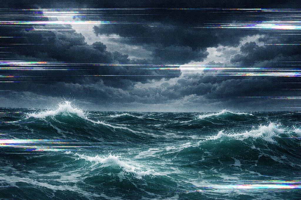 嵐の海ノイズ背景 / ストームオーシャン破損映像風 / グリッチ海背景 / 16:9 横長素材